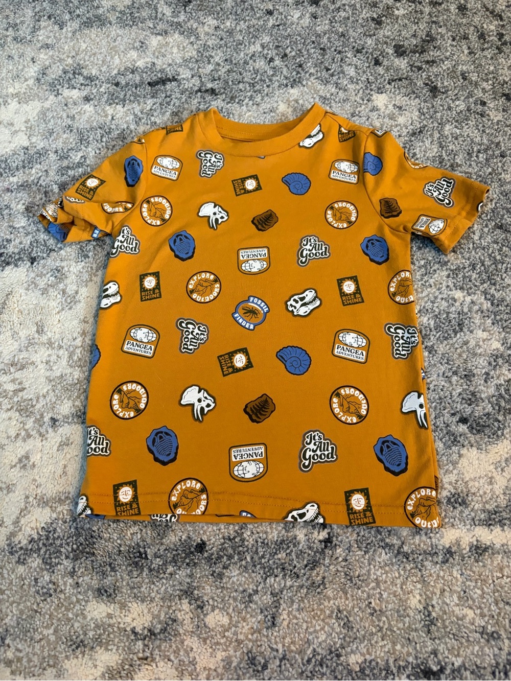 Kids Graphic Tee - Mustard Yellow Print Dino and fossils